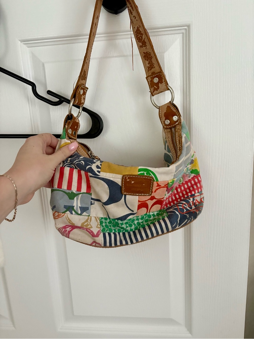 Coach Patchwork Multicolor Shoulder Bag with Brown Leather Trim